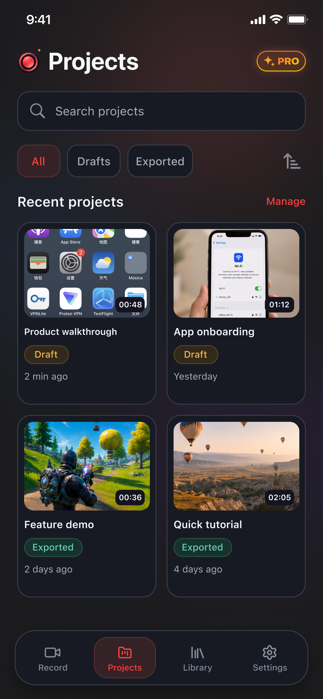 Projects screen with drafts and exported videos
