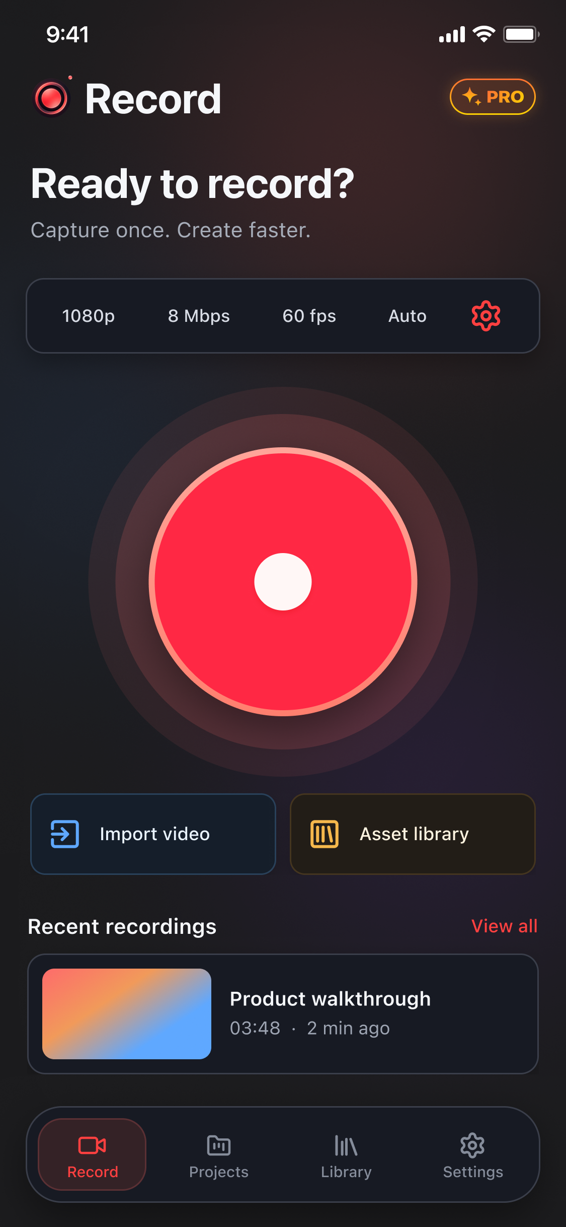 Screen Recorder home screen with recording controls and recent recordings
