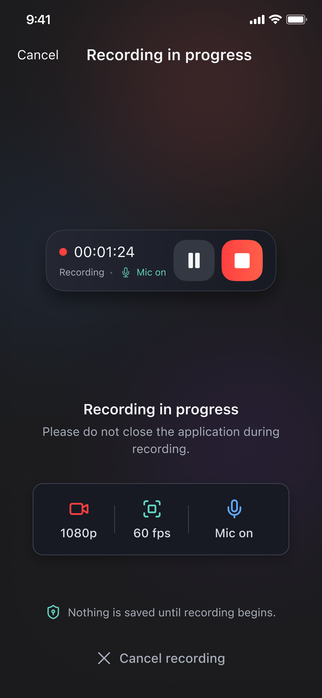 Active recording screen with elapsed time, pause, stop, and audio status controls