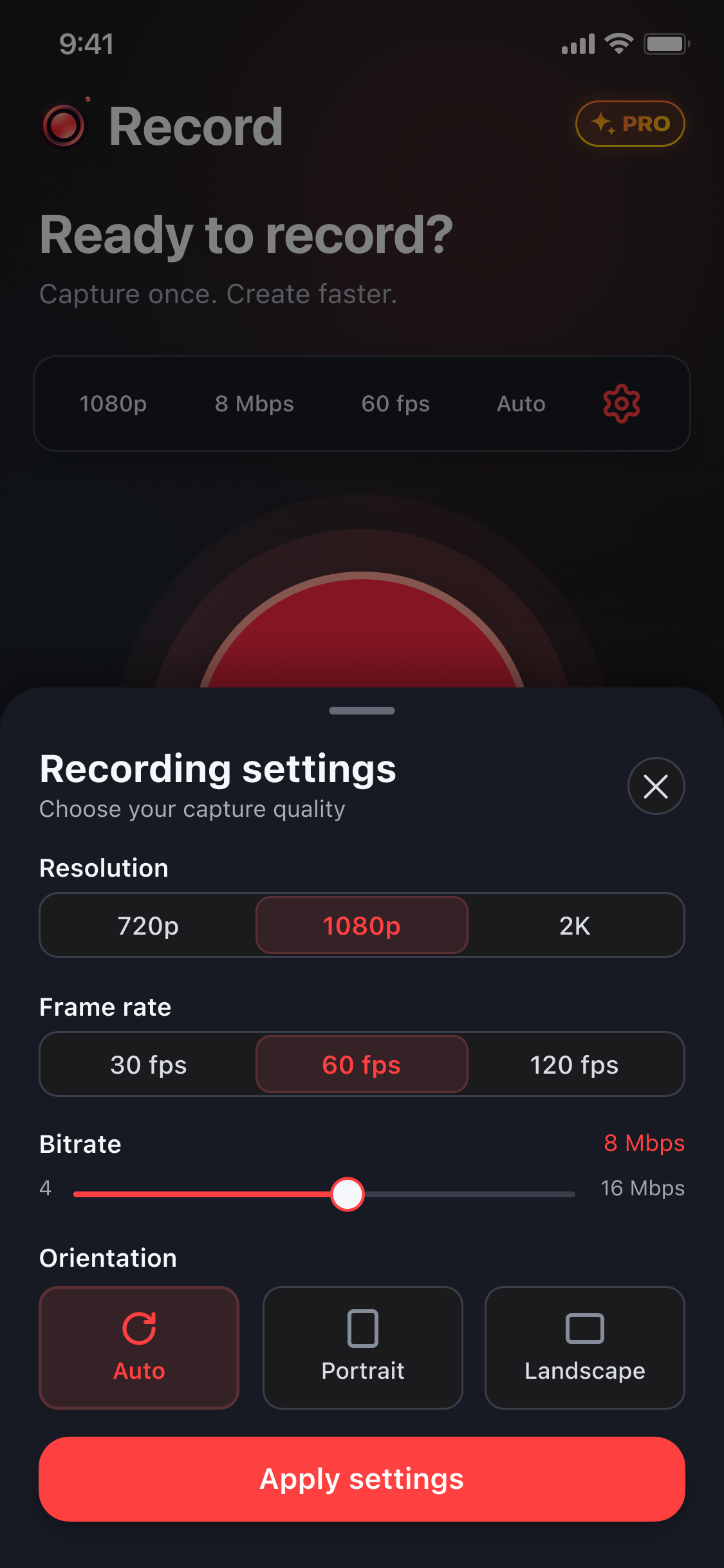 Recording settings with resolution, frame rate, bitrate, and orientation controls