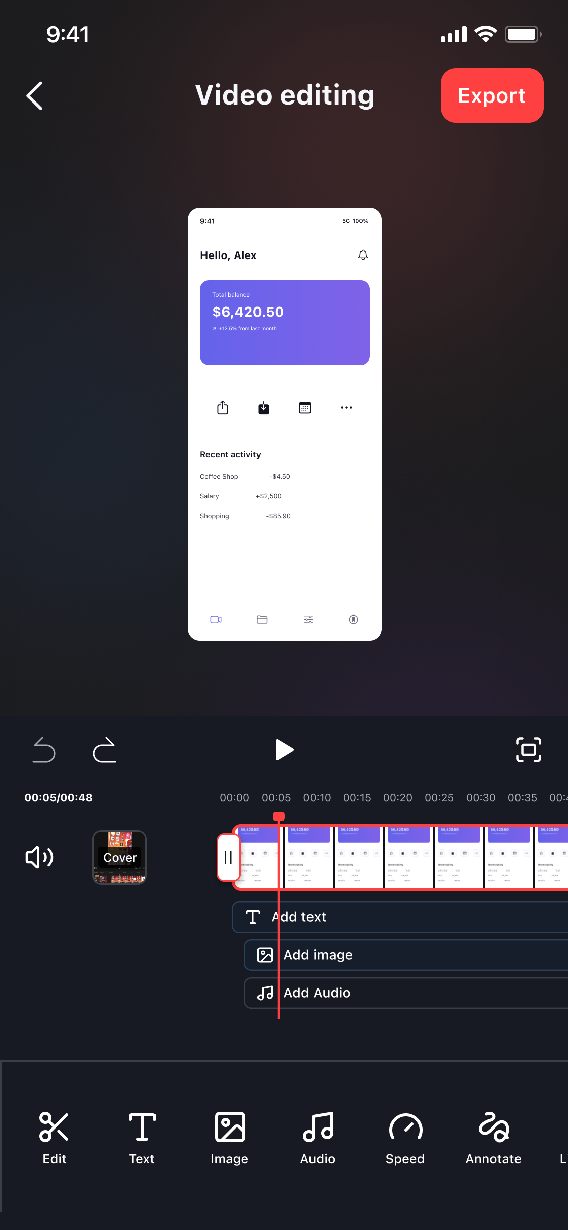 Video editing timeline with text, image, audio, and annotation tools